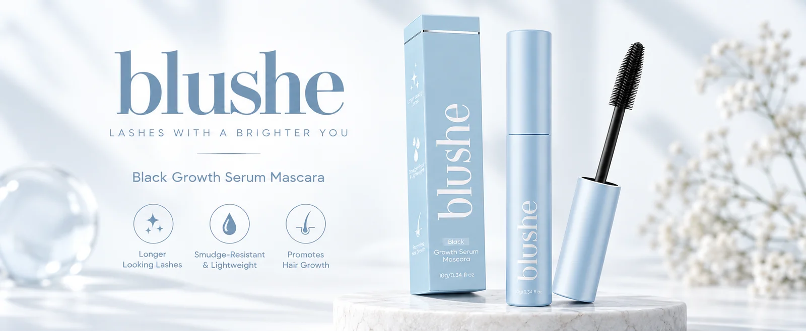 Blushe black mascara and brush in pale blue packaging