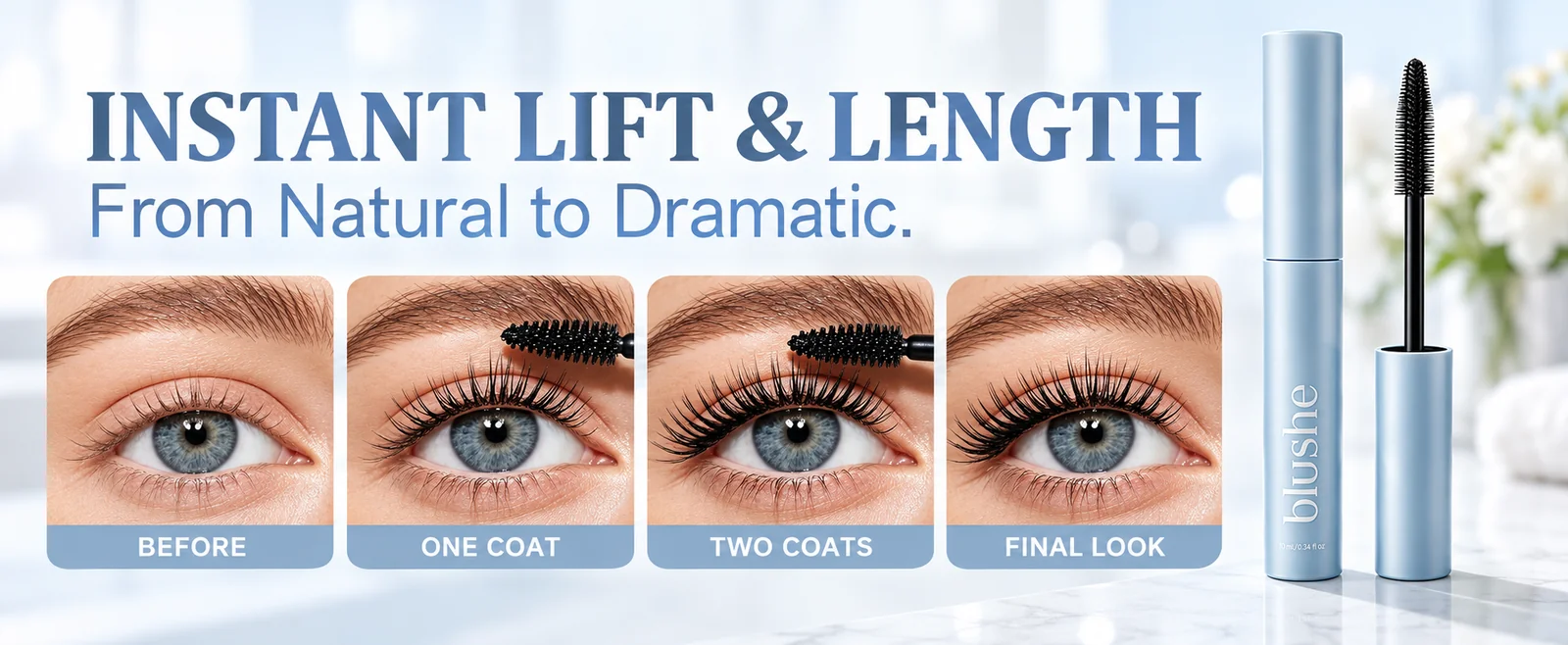 Blushe mascara application from one coat to two coats