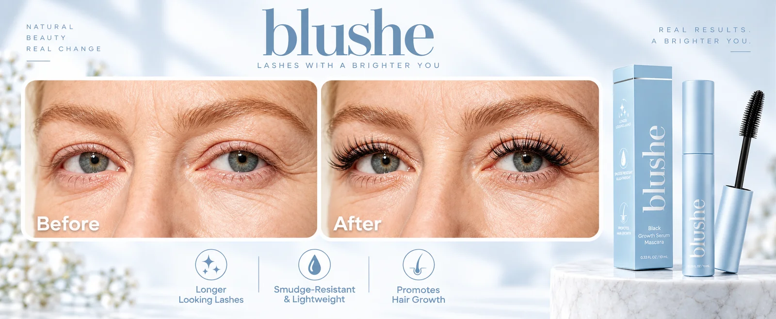 Blushe mascara before and after appearance banner