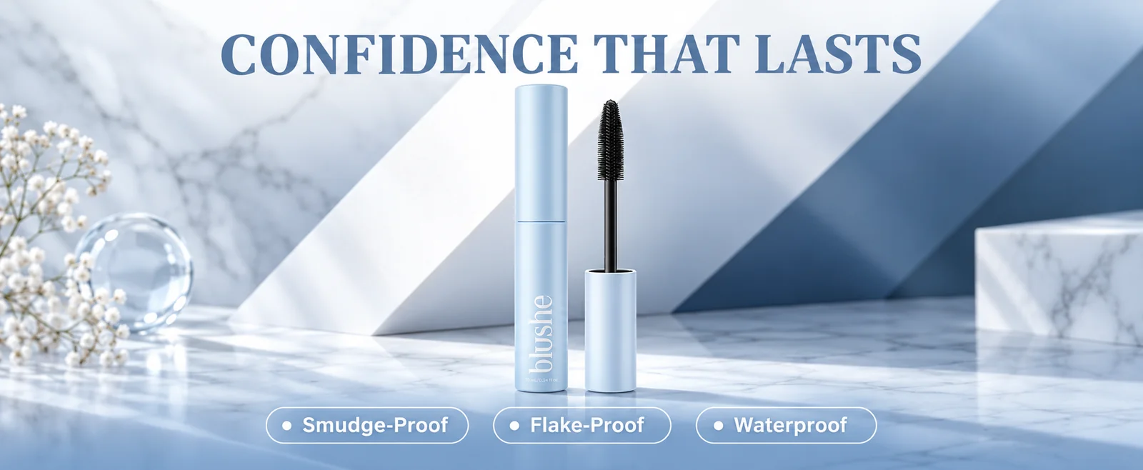 Blushe mascara bottle and brush on a pale blue display